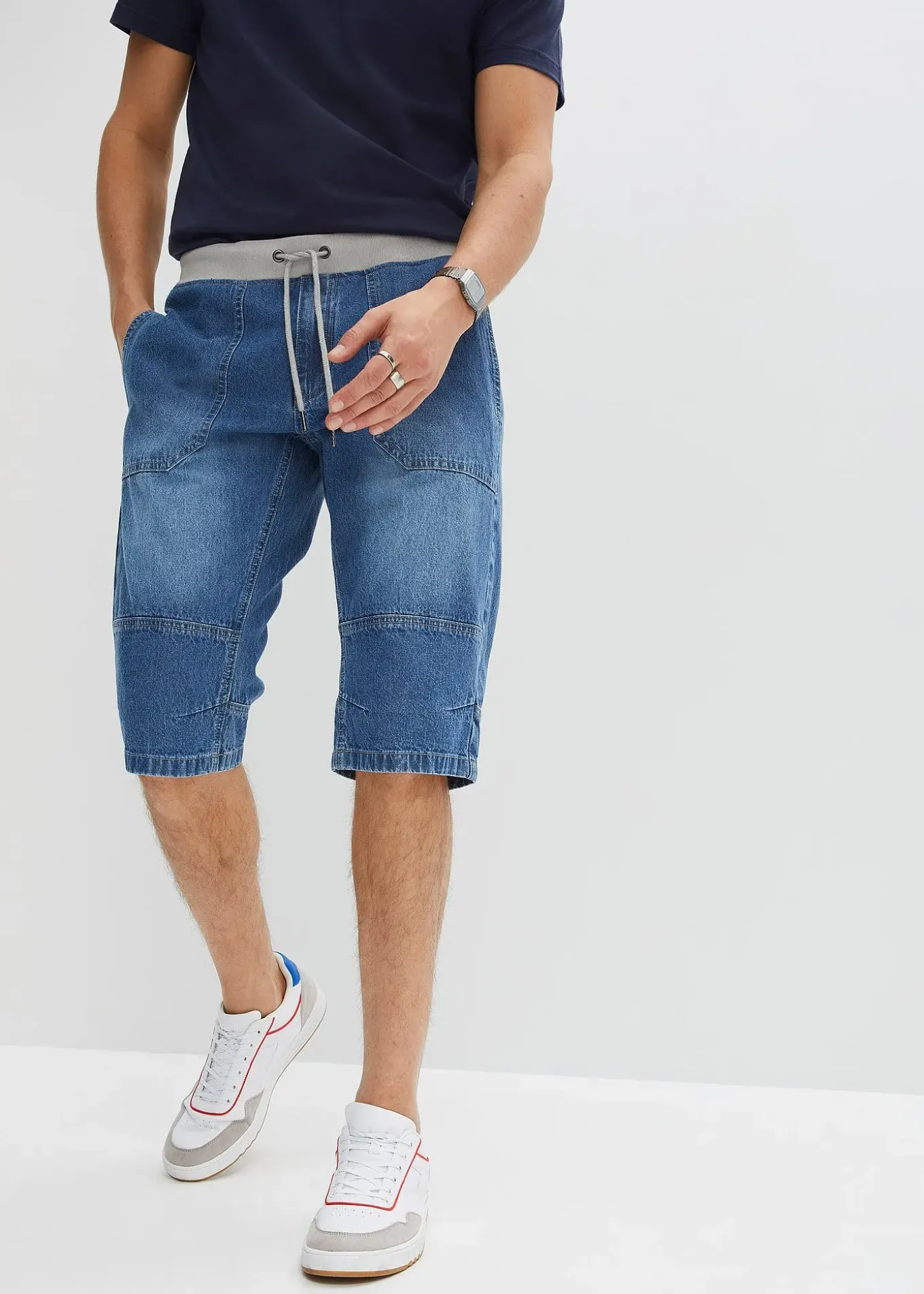 Bermuda long et léger en jean taille extensible, loose