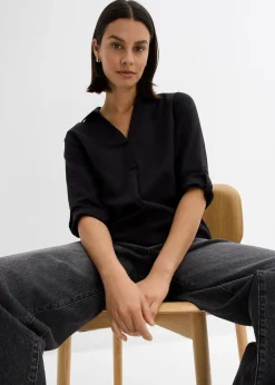 Blouse en lin mélangé, manches 3/4