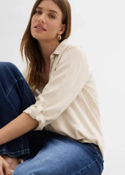 Blouse en lin mélangé, manches 3/4