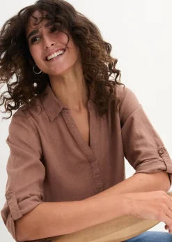 Blouse en lin mélangé, manches 3/4