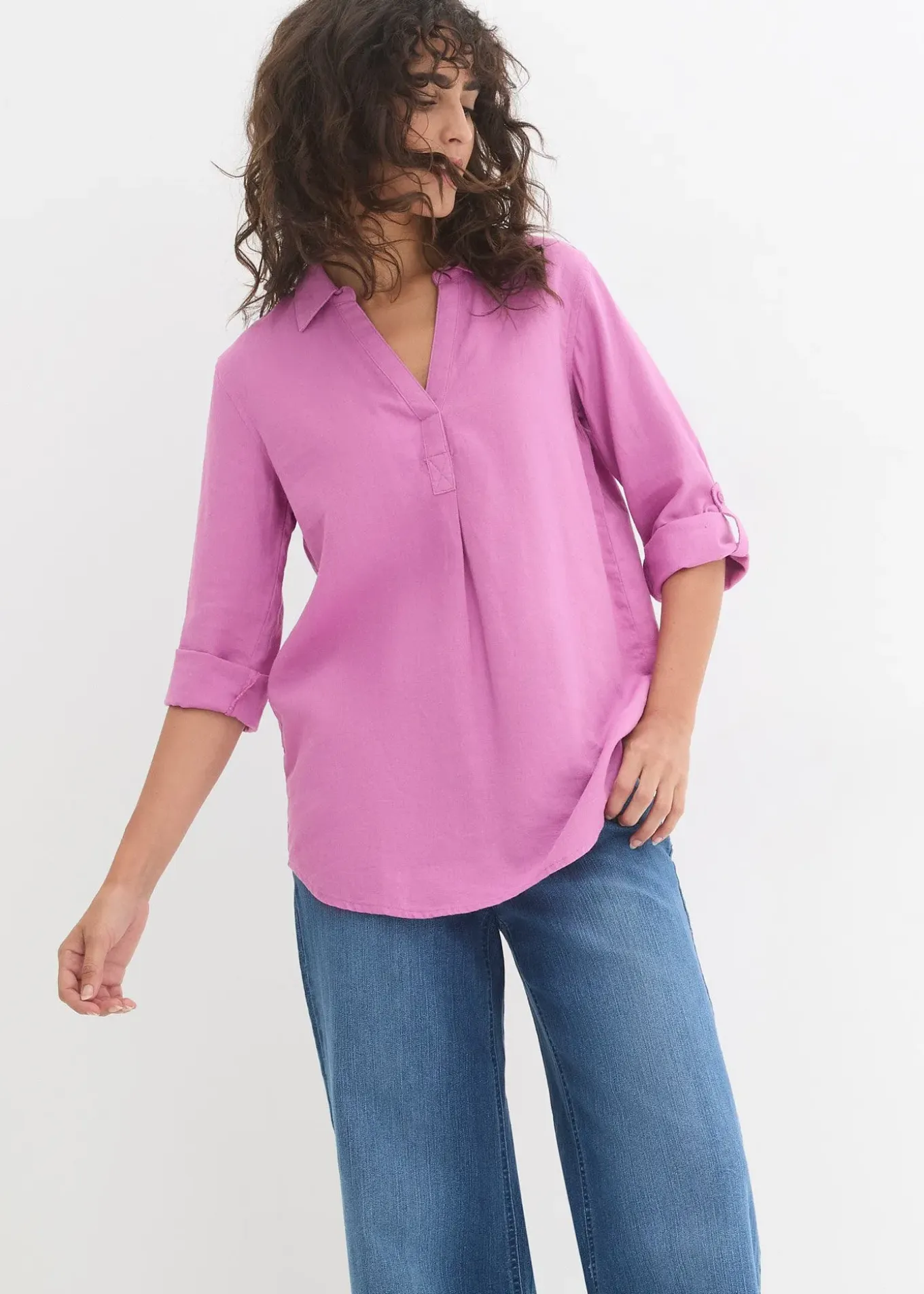 Blouse en lin mélangé, manches 3/4