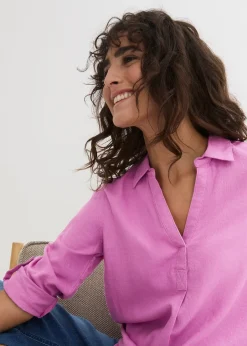 Blouse en lin mélangé, manches 3/4