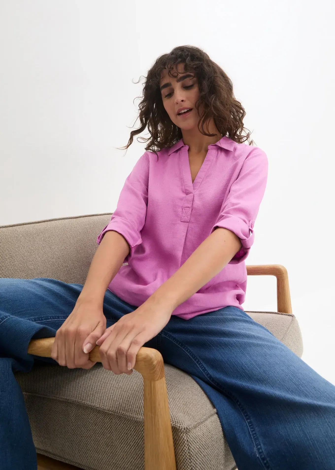 Blouse en lin mélangé, manches 3/4