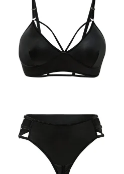 Brassière et string ouvert avec empiècement wetlook (ens. 2 pces)