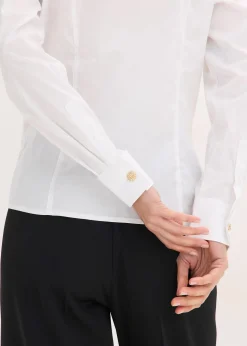 Chemisier à col cygne en popeline extensible légèrement transparente