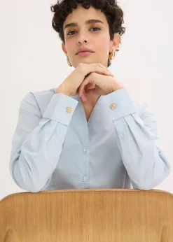 Chemisier à col cygne en popeline extensible légèrement transparente