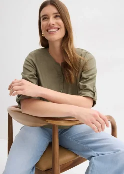 Chemisier en lin mélangé, manches 3/4