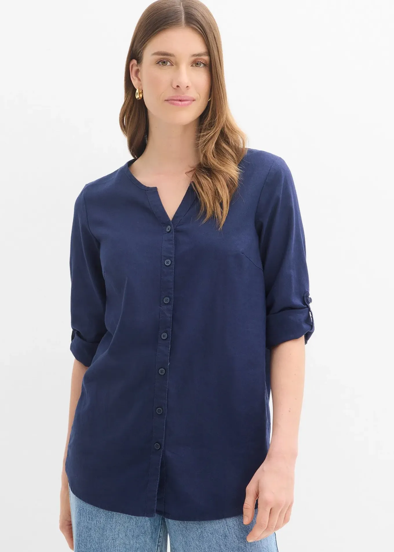 Chemisier en lin mélangé, manches 3/4