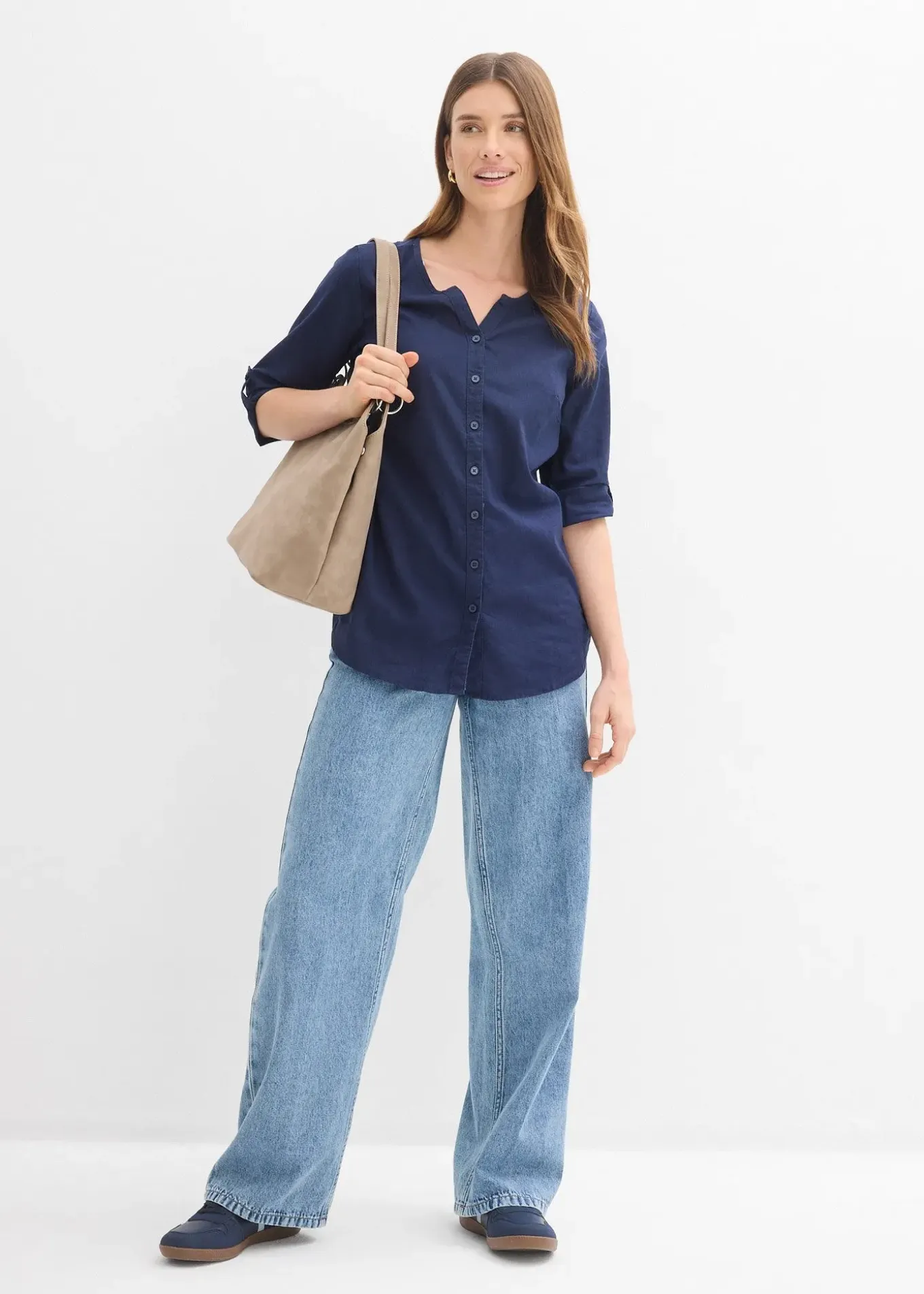 Chemisier en lin mélangé, manches 3/4