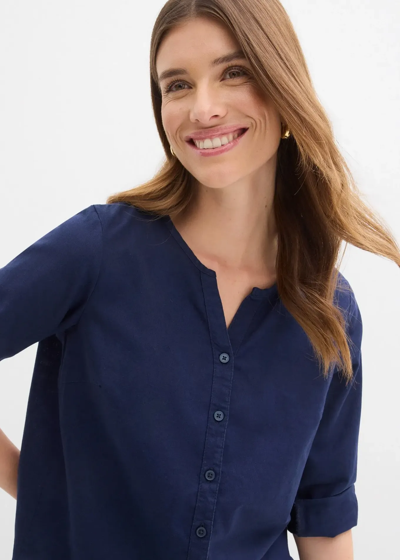 Chemisier en lin mélangé, manches 3/4