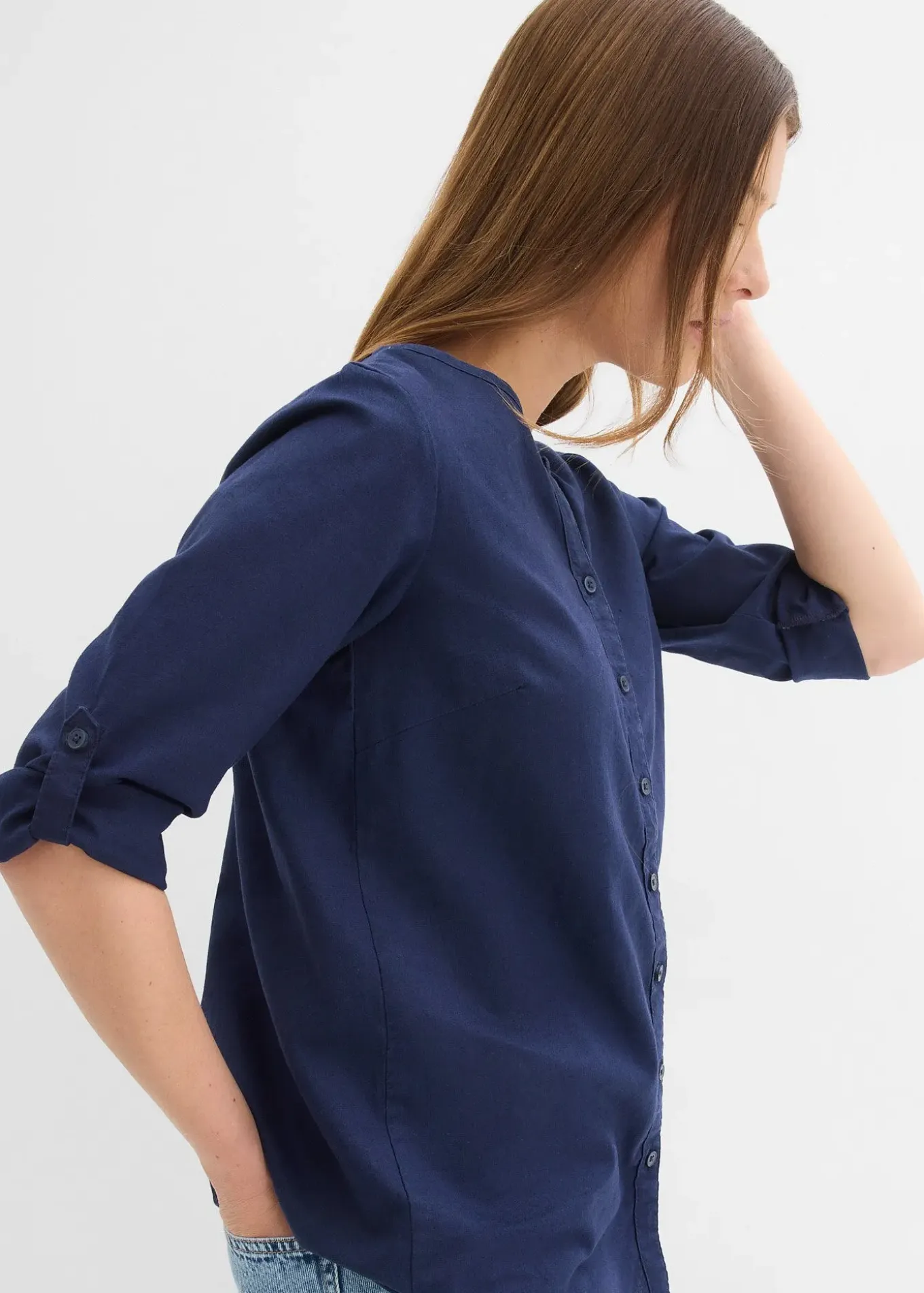 Chemisier en lin mélangé, manches 3/4