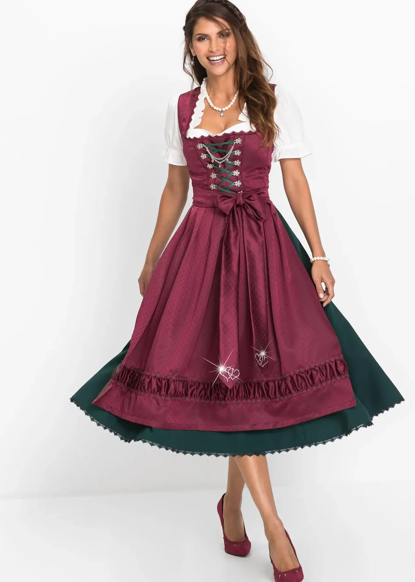 Dirndl à tablier en satin brodé (ens. 2 pces)