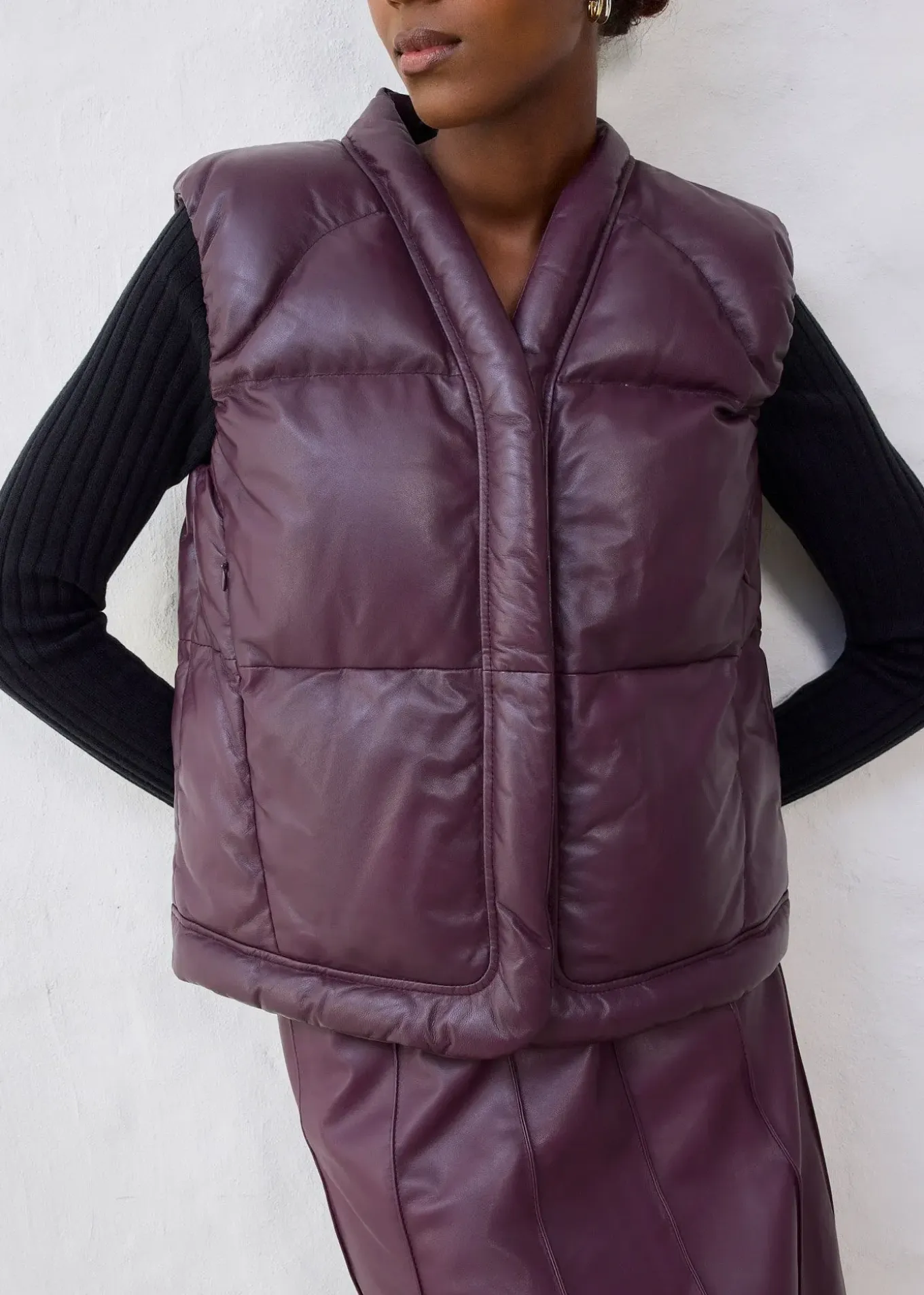 Doudoune sans manches en cuir d’agneau nappa