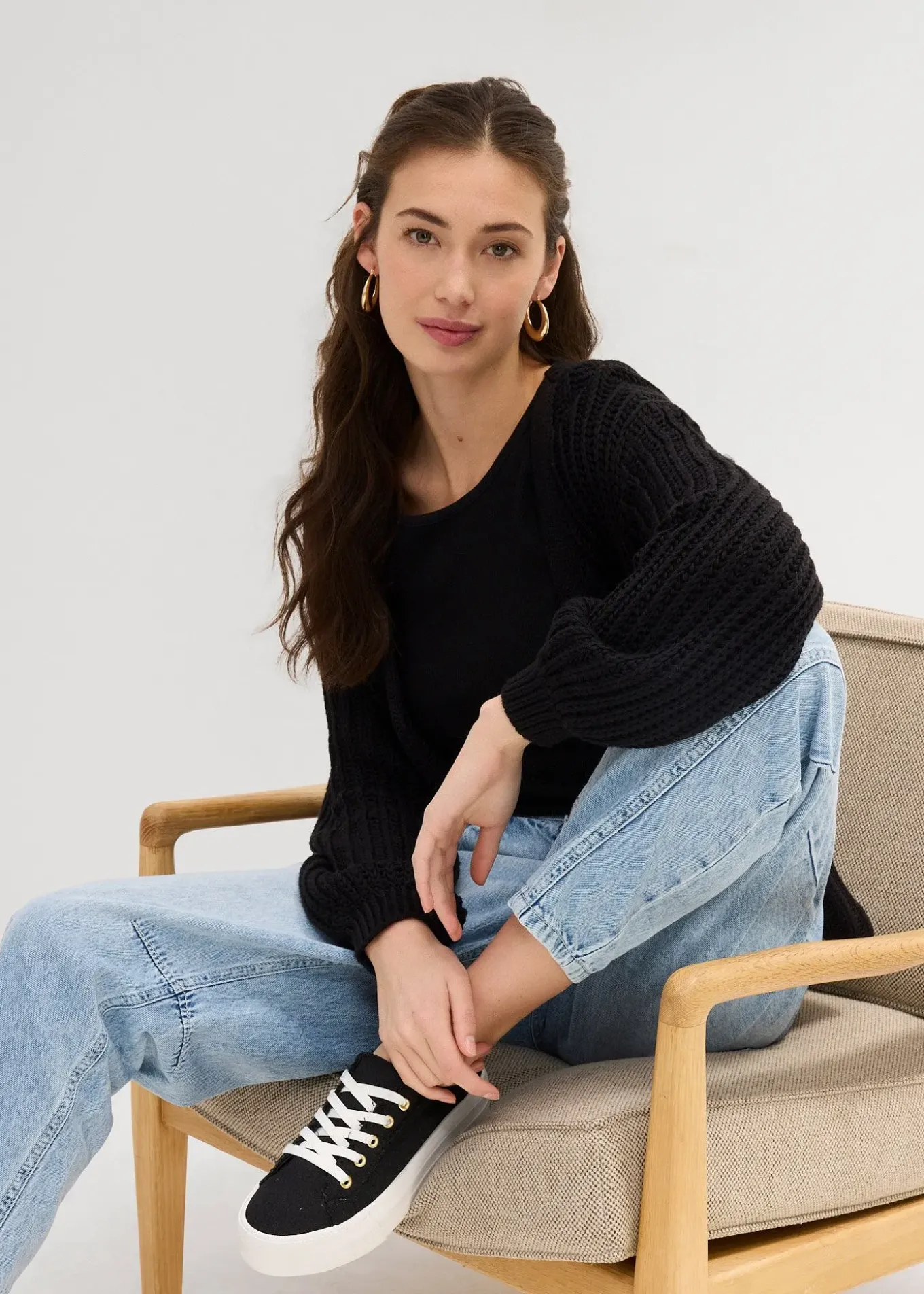 Jean barrel taille mi-haute peu extensible, cropped