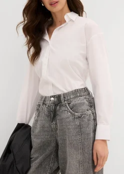 Jean barrel taille mi-haute peu extensible, cropped