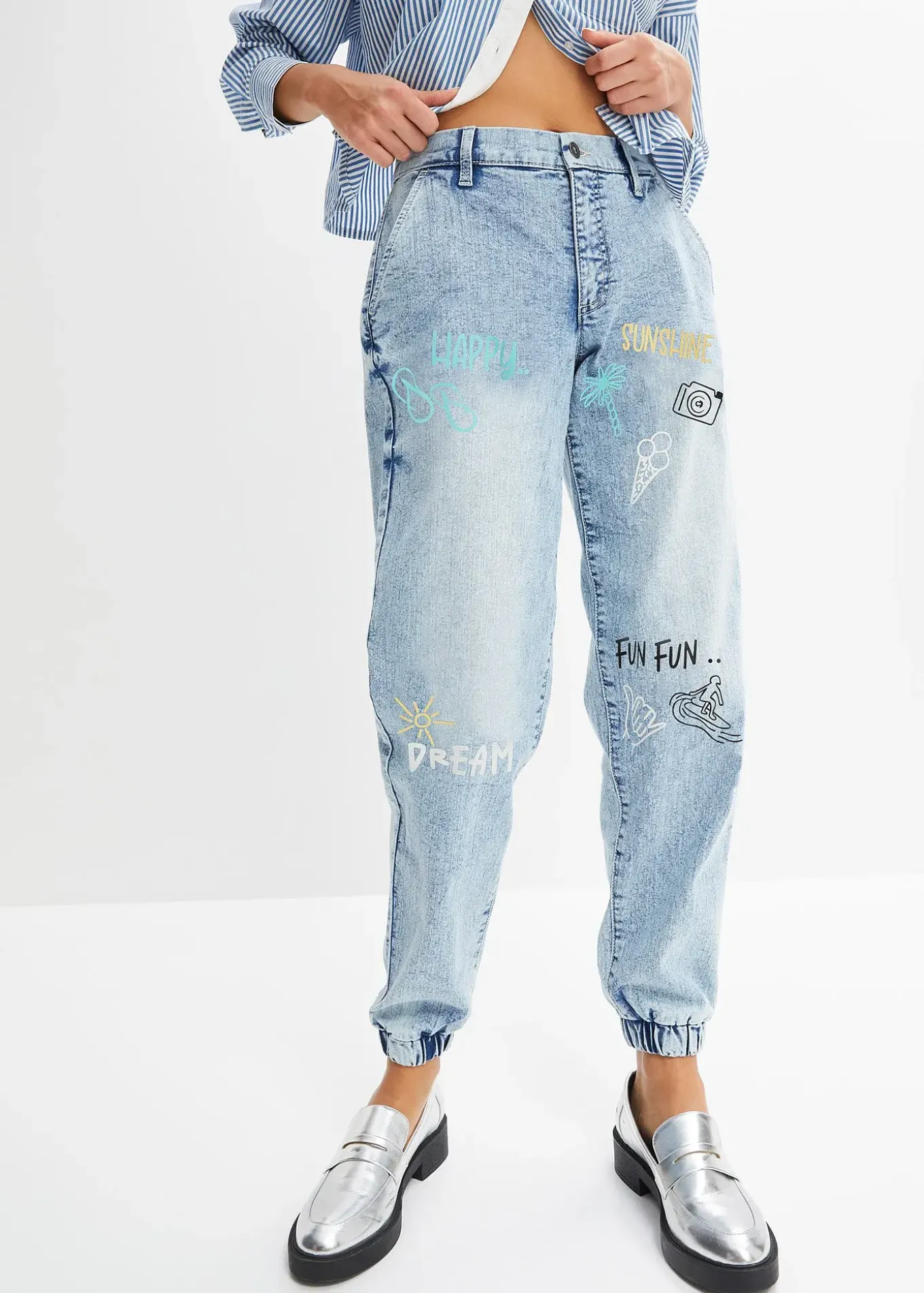 Jean barrel, taille mi-haute et élastiquée