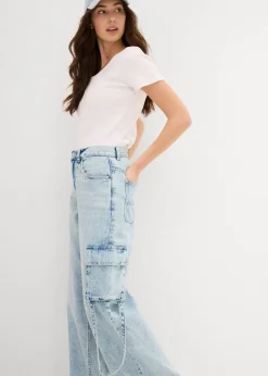Jean cargo taille mi-haute, peu extensible, long