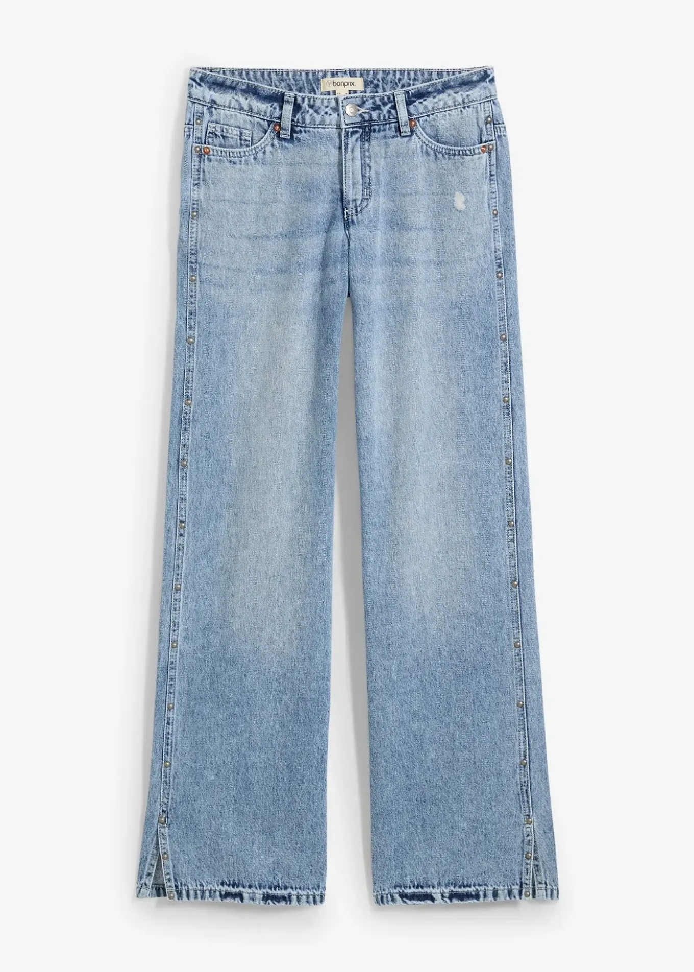 Jean droit et ample, taille mi-haute, peu extensible