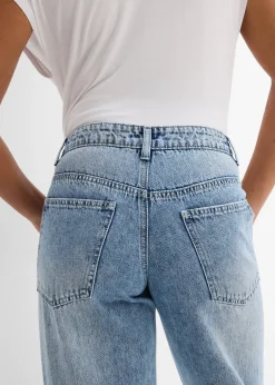 Jean droit et ample, taille mi-haute, peu extensible