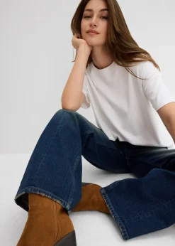 Jean droit et loose, taille haute, peu extensible