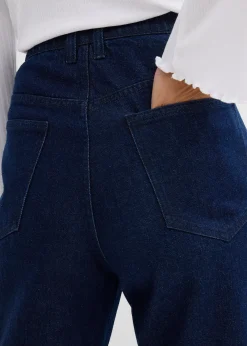 Jean droit loose, taille haute élastiquée avec strass