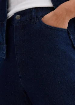 Jean droit loose, taille haute élastiquée avec strass