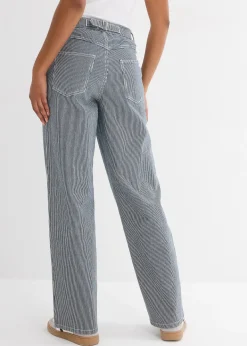Jean droit loose, taille haute, rayé