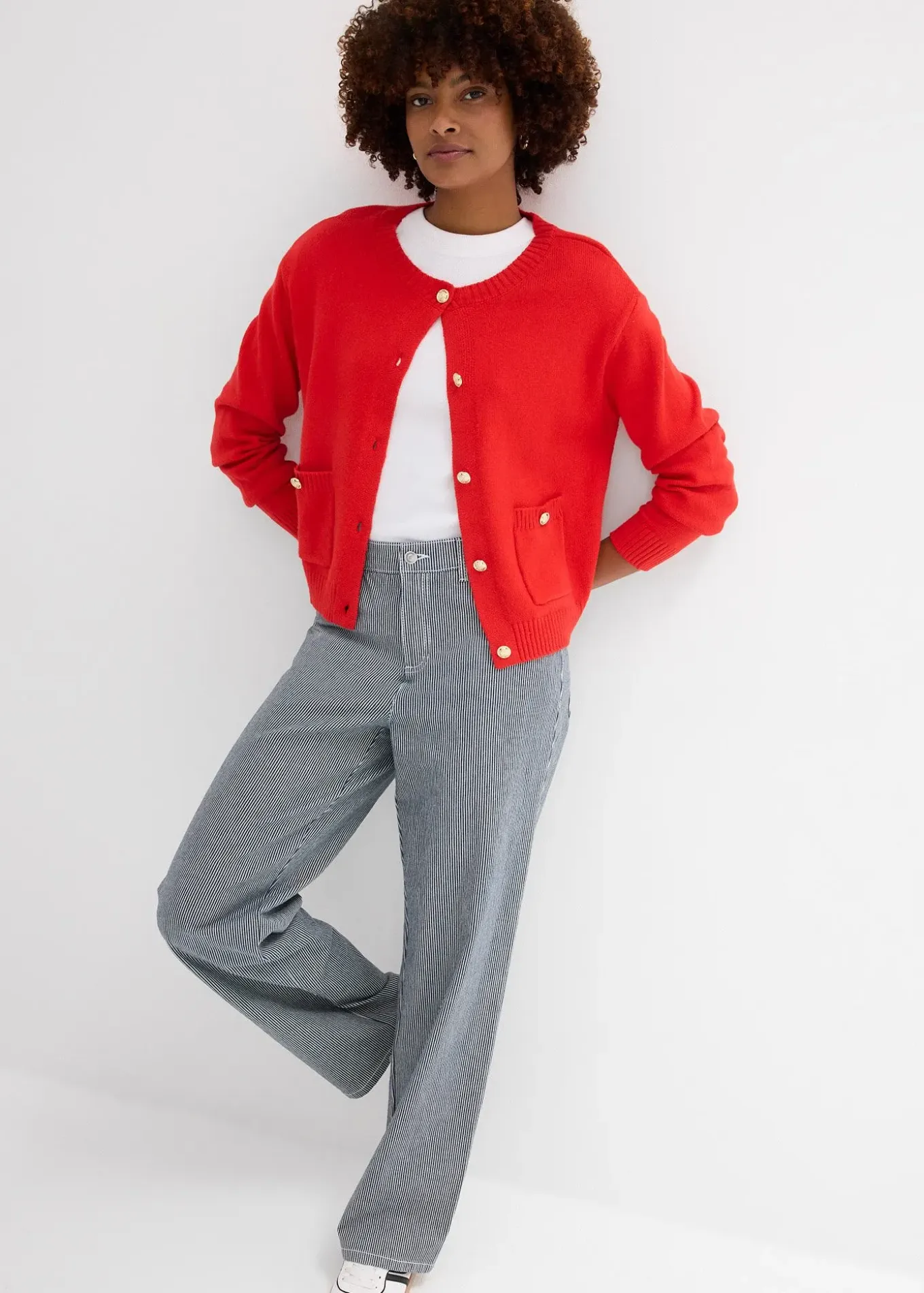 Jean droit loose, taille haute, rayé