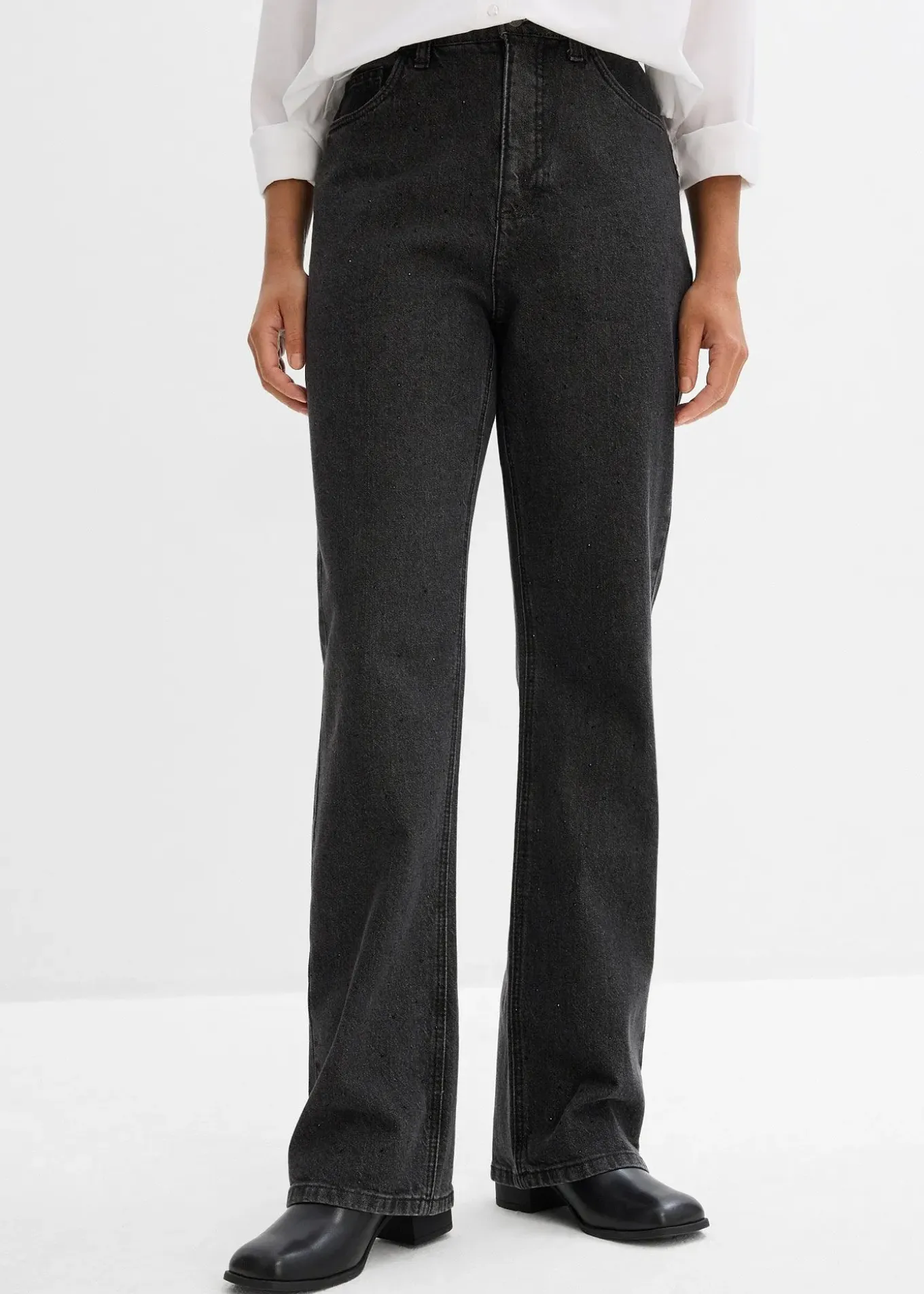 Jean droit loose, taille haute élastiquée avec strass