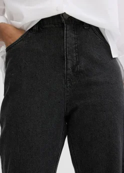 Jean droit loose, taille haute élastiquée avec strass