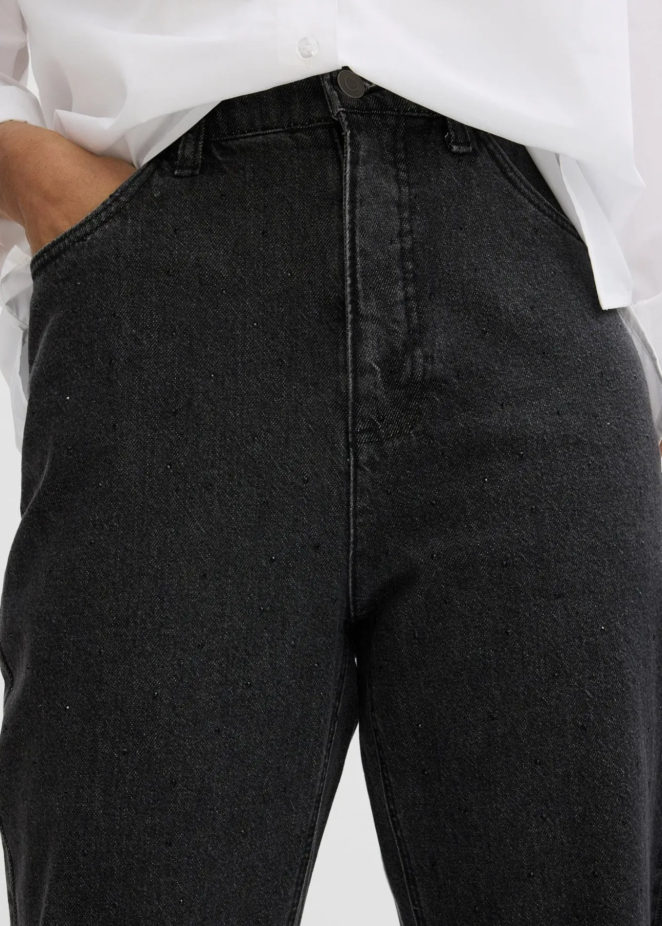 Jean droit loose, taille haute élastiquée avec strass