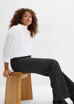 Jean droit loose, taille haute élastiquée avec strass