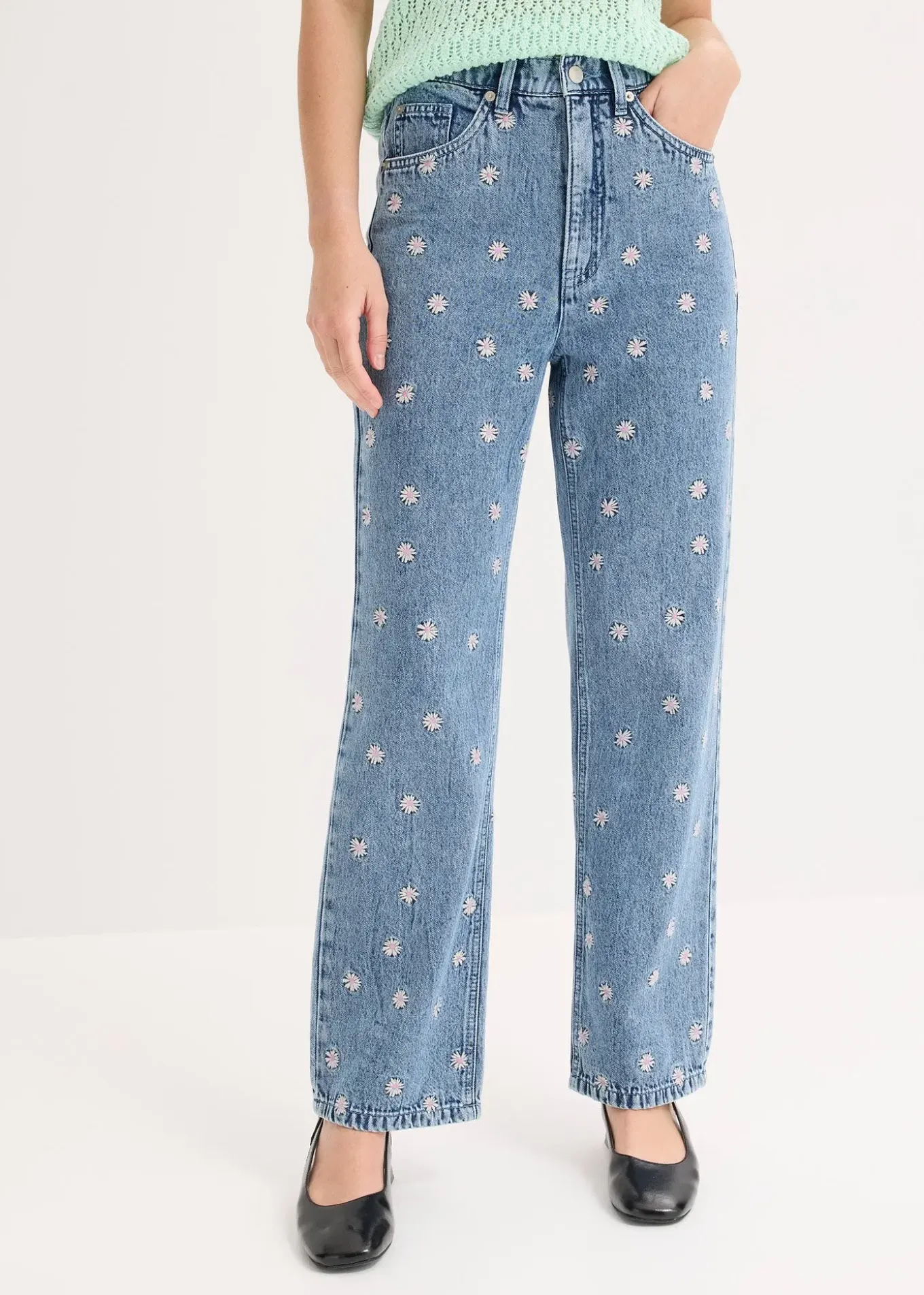 Jean droit, taille haute, coton