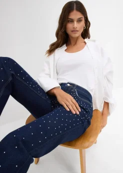 Jean droit, taille mi-haute, à strass