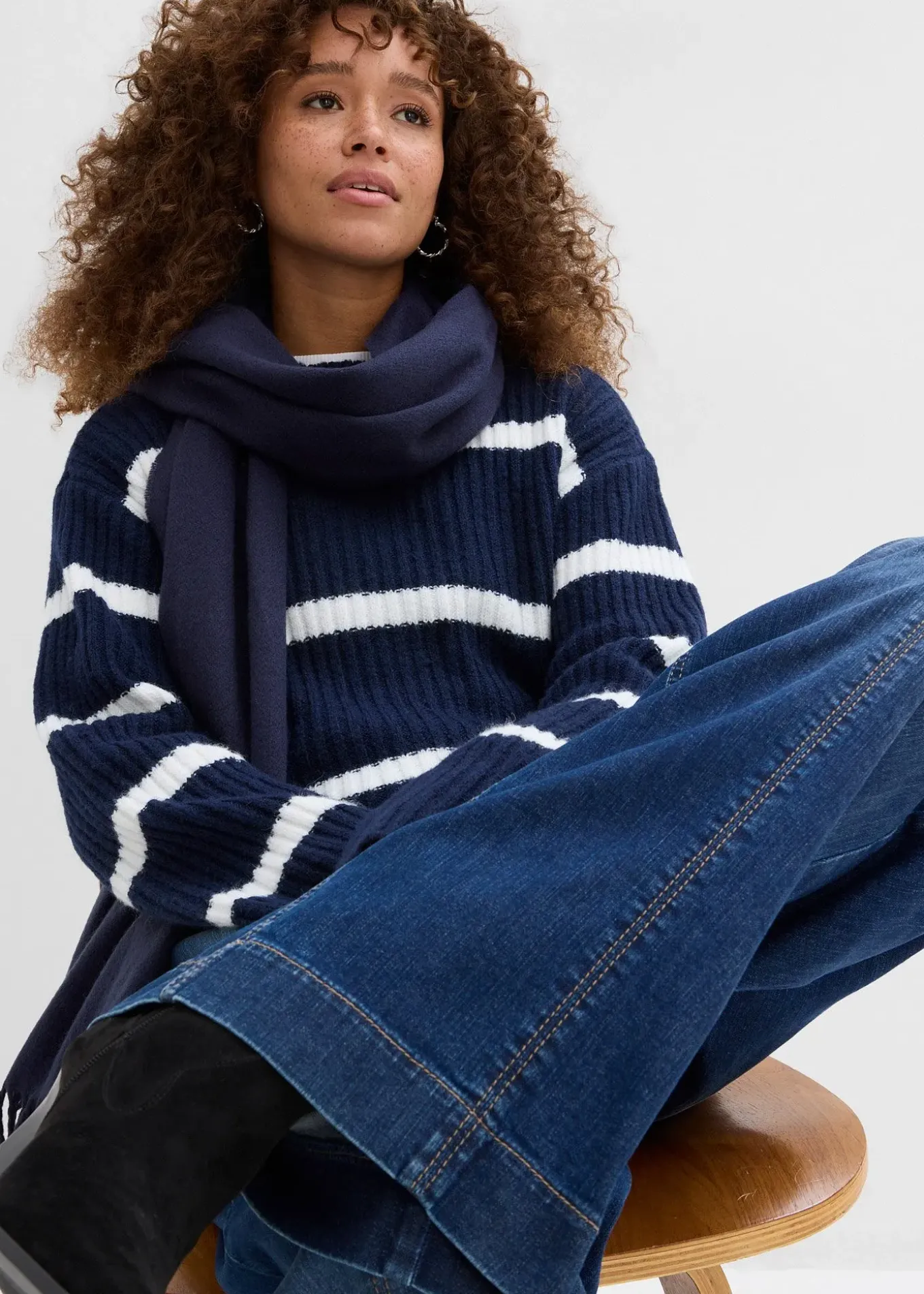 Jean large taille haute élastiquée, long