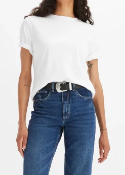 Jean mom taille haute, peu extensible, cropped