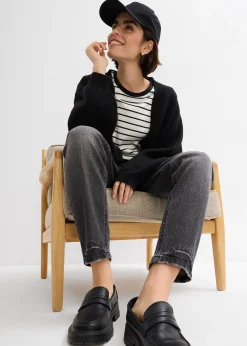 Jean mom taille haute, peu extensible, cropped