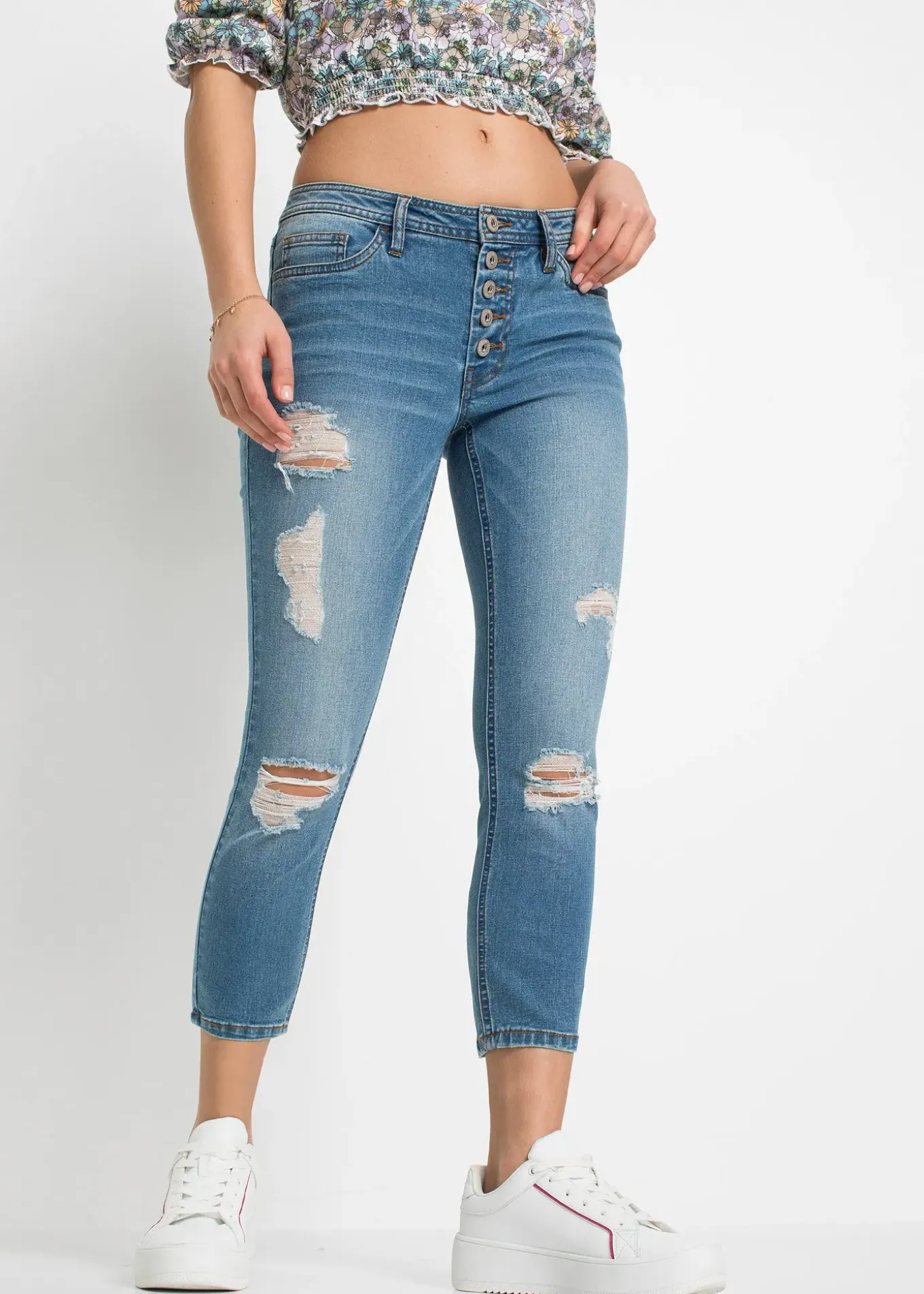 Jean skinny taille mi-haute, effets destroy