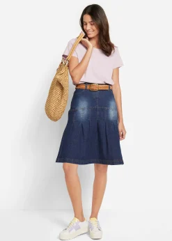 Jupe en jean avec plis religieuse et taille confortable, trapèze