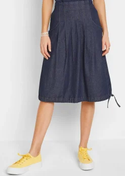 Jupe en jean extensible avec plis religieuse, lien à nouer et taille confortable