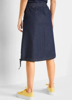 Jupe en jean extensible avec plis religieuse, lien à nouer et taille confortable