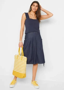 Jupe en jean extensible avec plis religieuse, lien à nouer et taille confortable