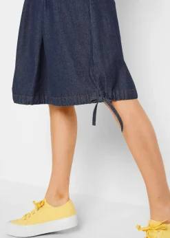 Jupe en jean extensible avec plis religieuse, lien à nouer et taille confortable