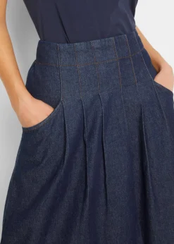 Jupe en jean extensible avec plis religieuse, lien à nouer et taille confortable