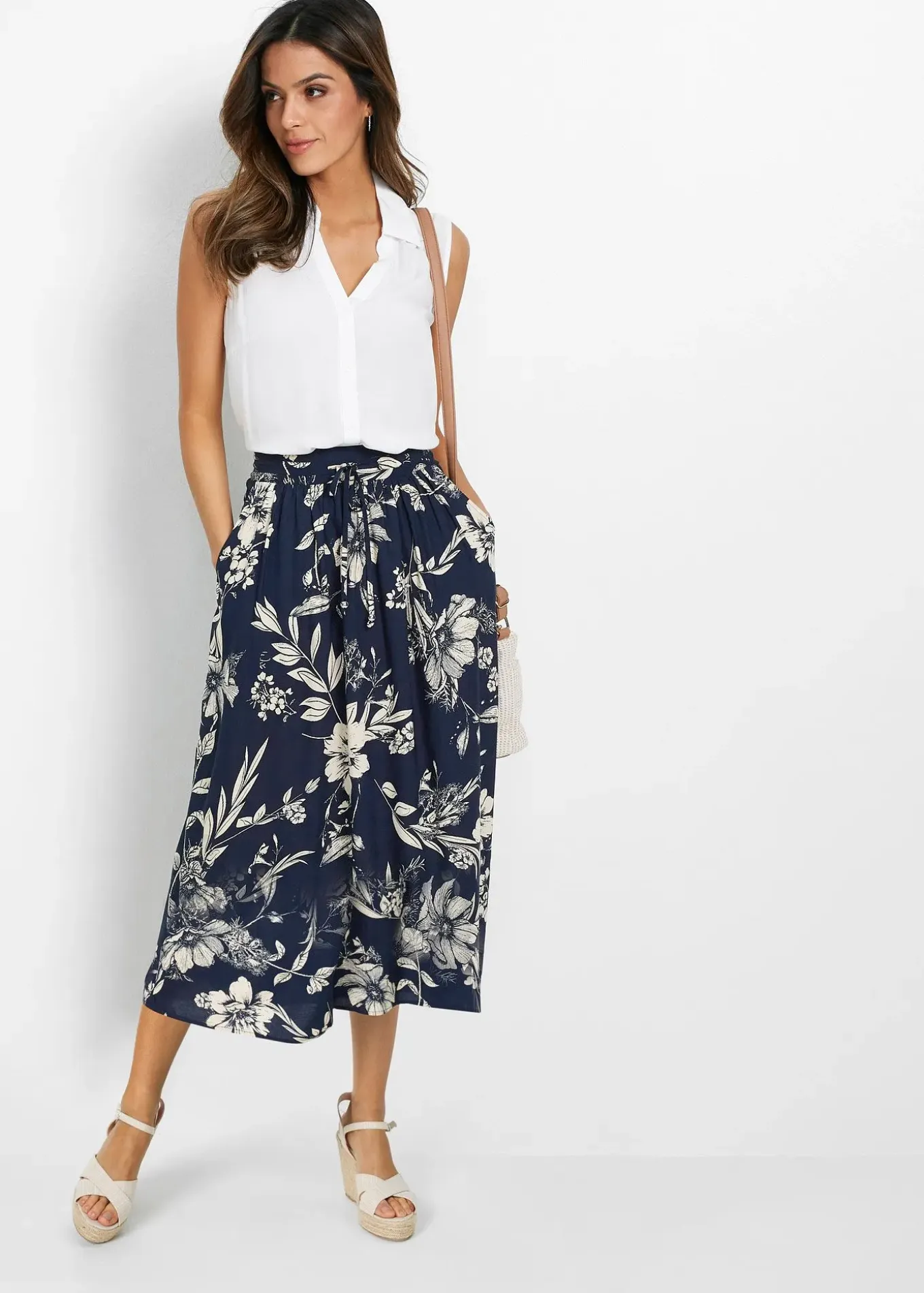 Jupe longue en viscose avec taille élastique et lien à nouer