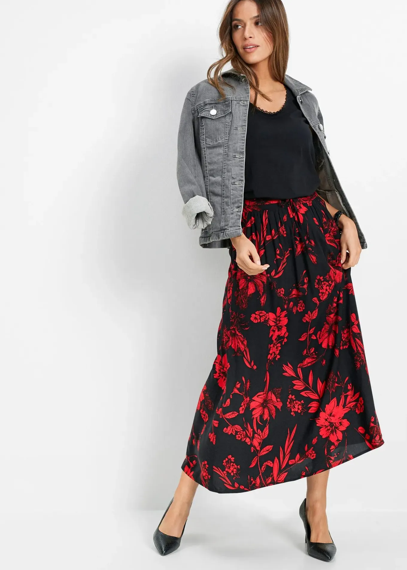 Jupe longue en viscose avec taille élastique et lien à nouer