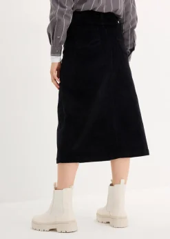 Jupe midi extensible en velours côtelé avec patte de boutonnage