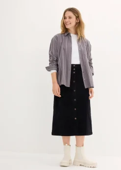 Jupe midi extensible en velours côtelé avec patte de boutonnage