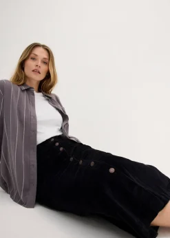 Jupe midi extensible en velours côtelé avec patte de boutonnage