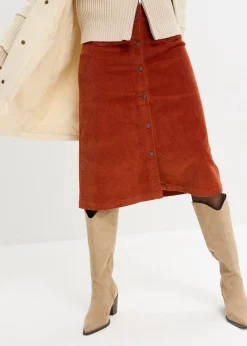 Jupe midi extensible en velours côtelé avec patte de boutonnage